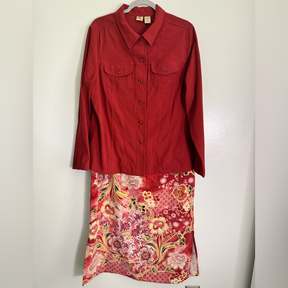 ISLANDER Tropical / Floral Skirt & Shirt Set -Women's Size Large (14) Faux Suede